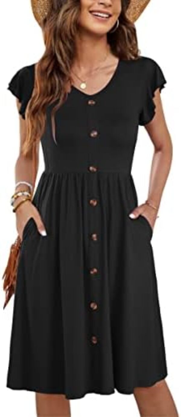 WNEEDU Women Summer Dresses Sleeveless Casual Loose Swing Button Down Midi Dress with Pockets