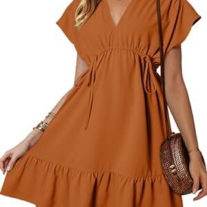 Dokotoo Womens Summer Dresses 2024 Short Sleeve V Neck Drawstring Casual Ruffle A-Line Swing Mini Babydoll Dress