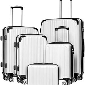 Coolife Luggage Expandable 5 Piece Sets PC+ABS Spinner Suitcase 20 inch 24 inch 28 inch (white grid new)