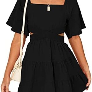 Women's Summer Dresses Square Neck Casual Short Sleeves Crossover Elastic Waist Party Mini Dress